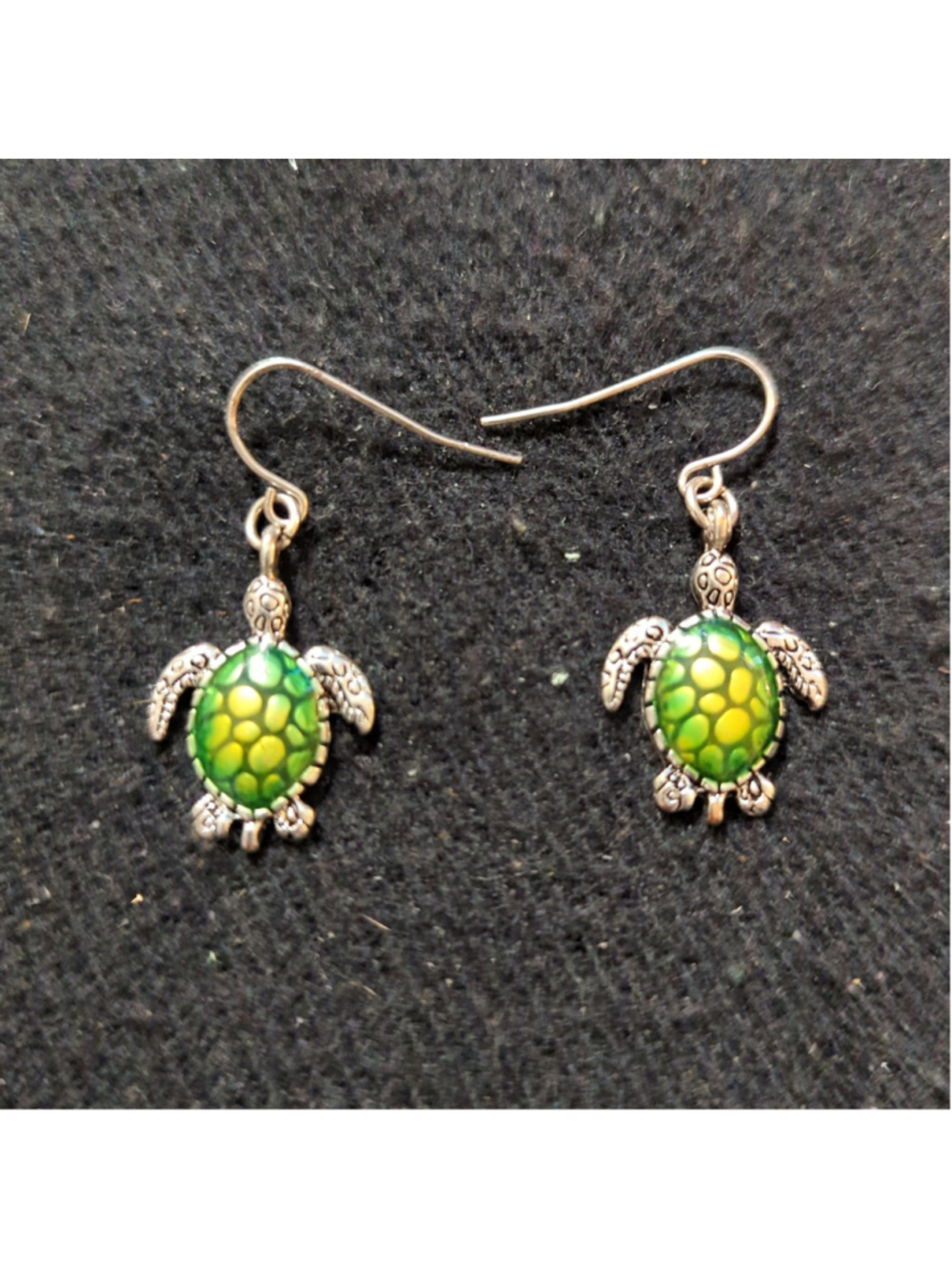 Silver Tone Green Enamel Sea Turtle Dangle Statement Earrings
